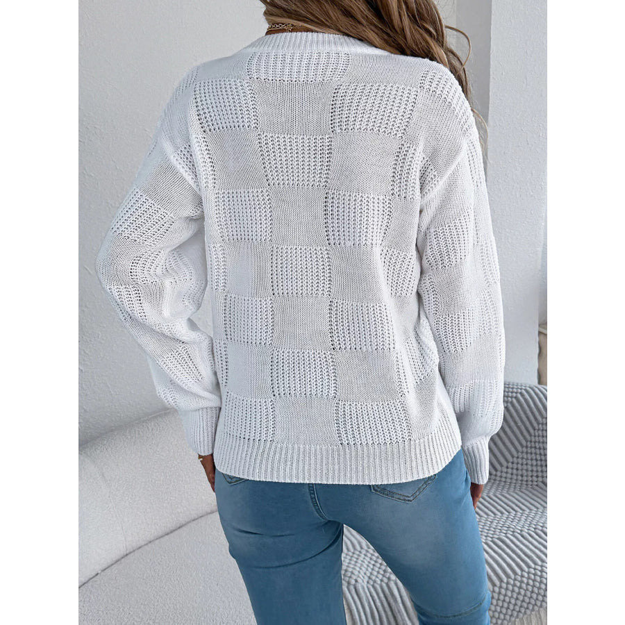 Checkerboard Textured Knit Sweater White / S Apparel and Accessories