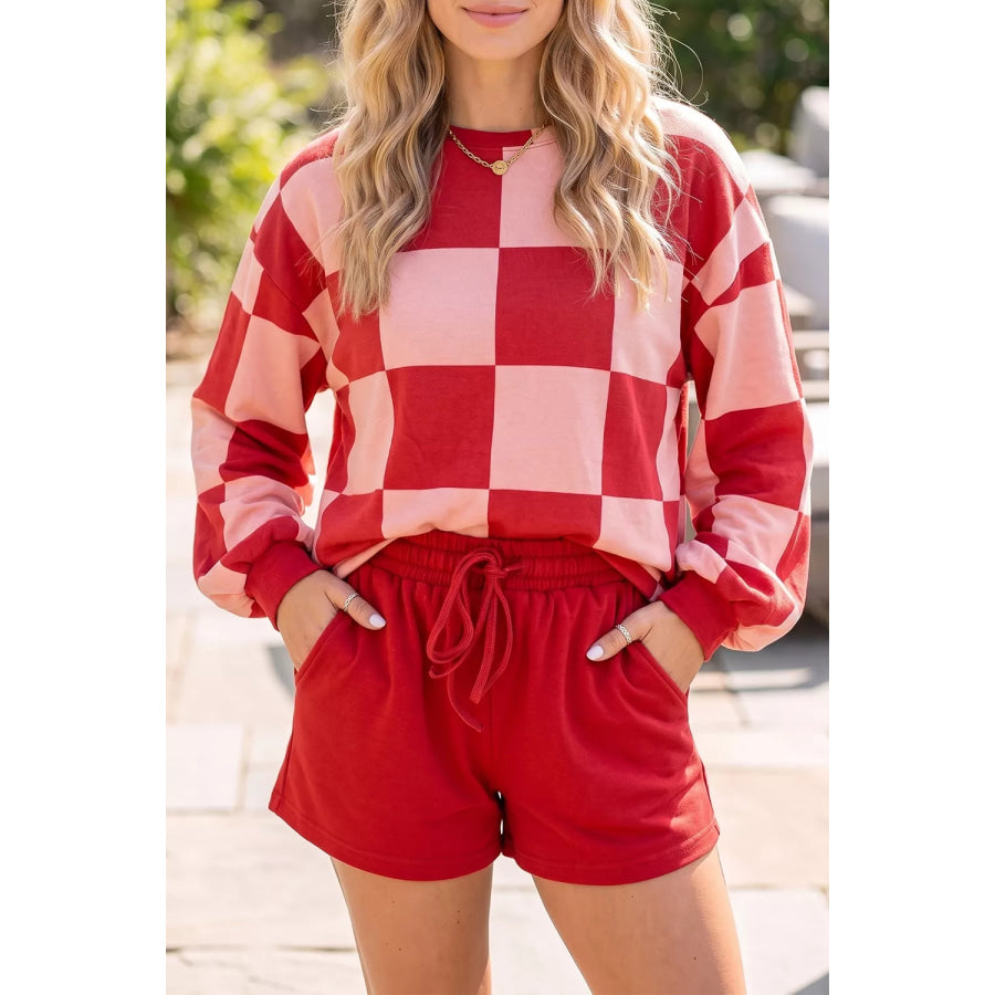 Checkerboard Top and Drawstring Shorts Cozy Set Apparel and Accessories