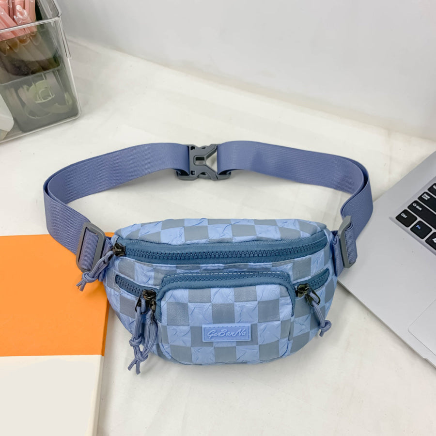 Checkered Adjustable Strap Nylon Crossbody Bag Light Blue / One Size Apparel and Accessories