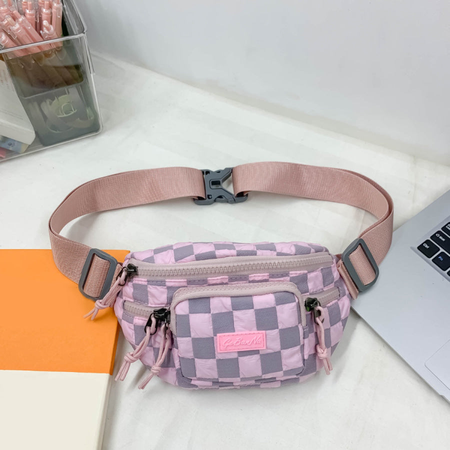 Checkered Adjustable Strap Nylon Crossbody Bag Pink / One Size Apparel and Accessories