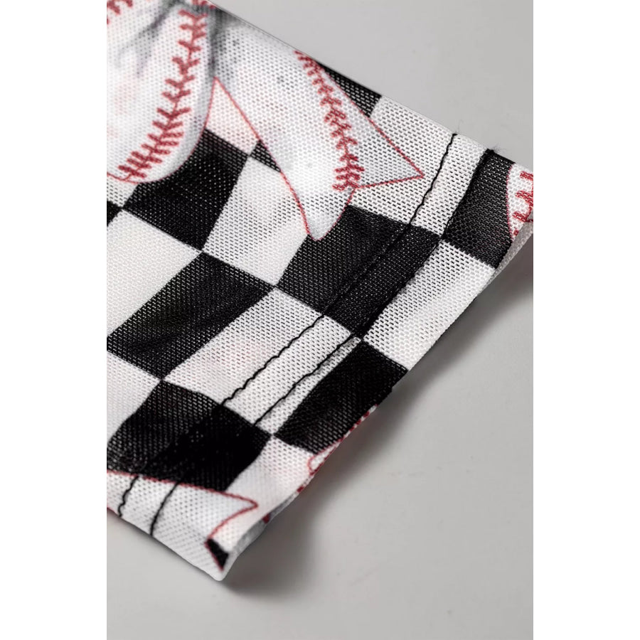 Checkered Baseball Bow Print High Neck Long Sleeve Mesh Top Apparel and Accessories