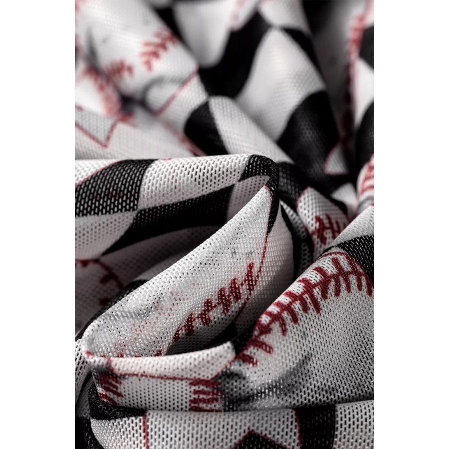 Checkered Baseball Bow Print High Neck Long Sleeve Mesh Top Apparel and Accessories