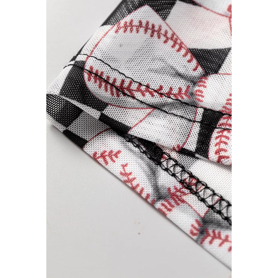 Checkered Baseball Bow Print High Neck Long Sleeve Mesh Top Apparel and Accessories