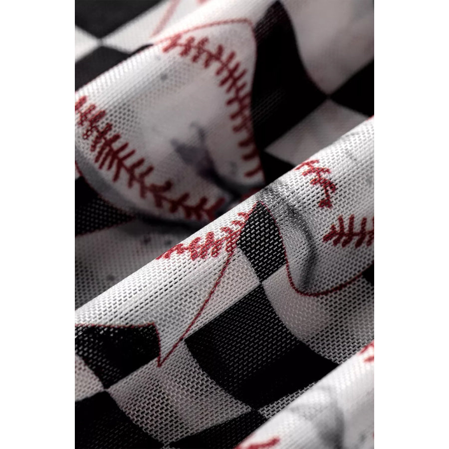 Checkered Baseball Bow Print High Neck Long Sleeve Mesh Top Apparel and Accessories