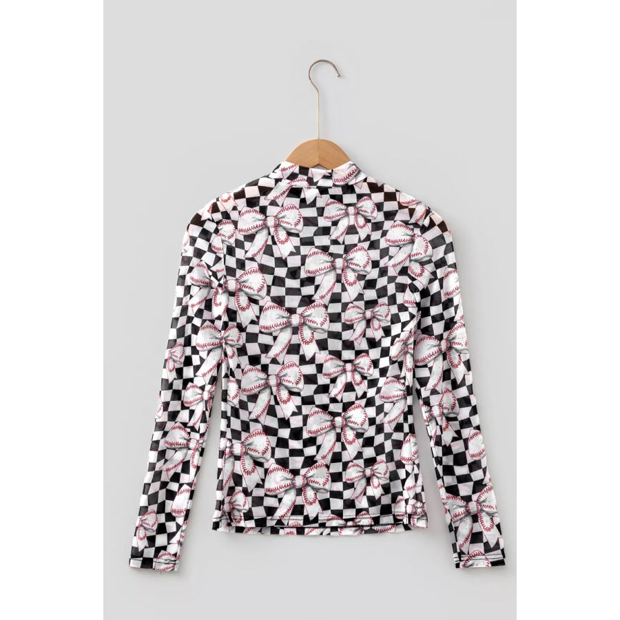 Checkered Baseball Bow Print High Neck Long Sleeve Mesh Top Apparel and Accessories