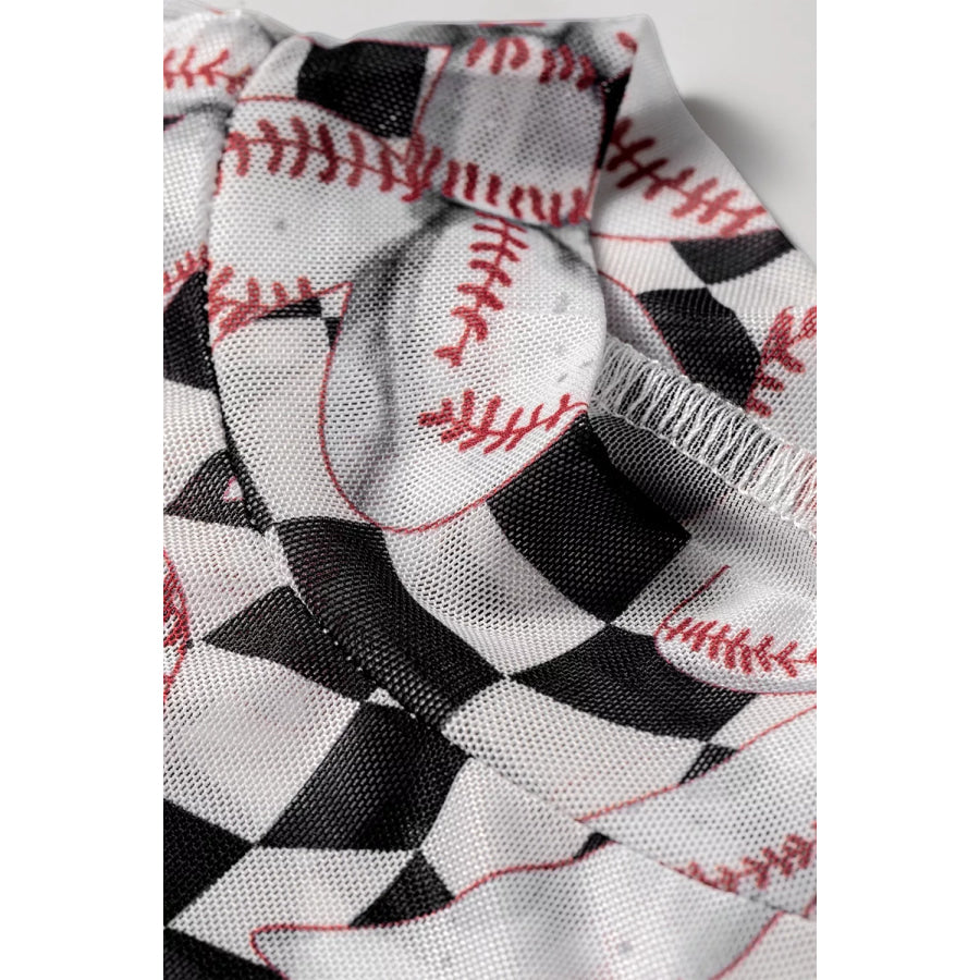 Checkered Baseball Bow Print High Neck Long Sleeve Mesh Top Apparel and Accessories