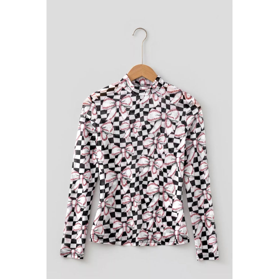 Checkered Baseball Bow Print High Neck Long Sleeve Mesh Top Apparel and Accessories