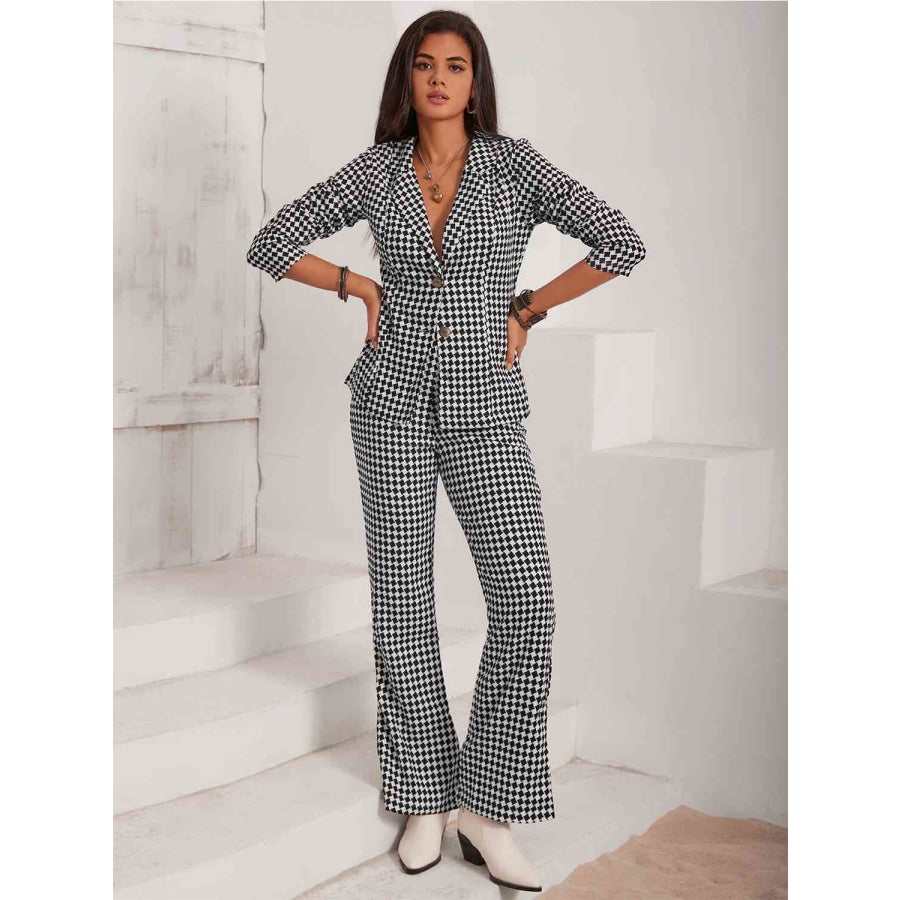 Sandee Rain Boutique - Checkered Blazer & Slit Pants Set Trendsi