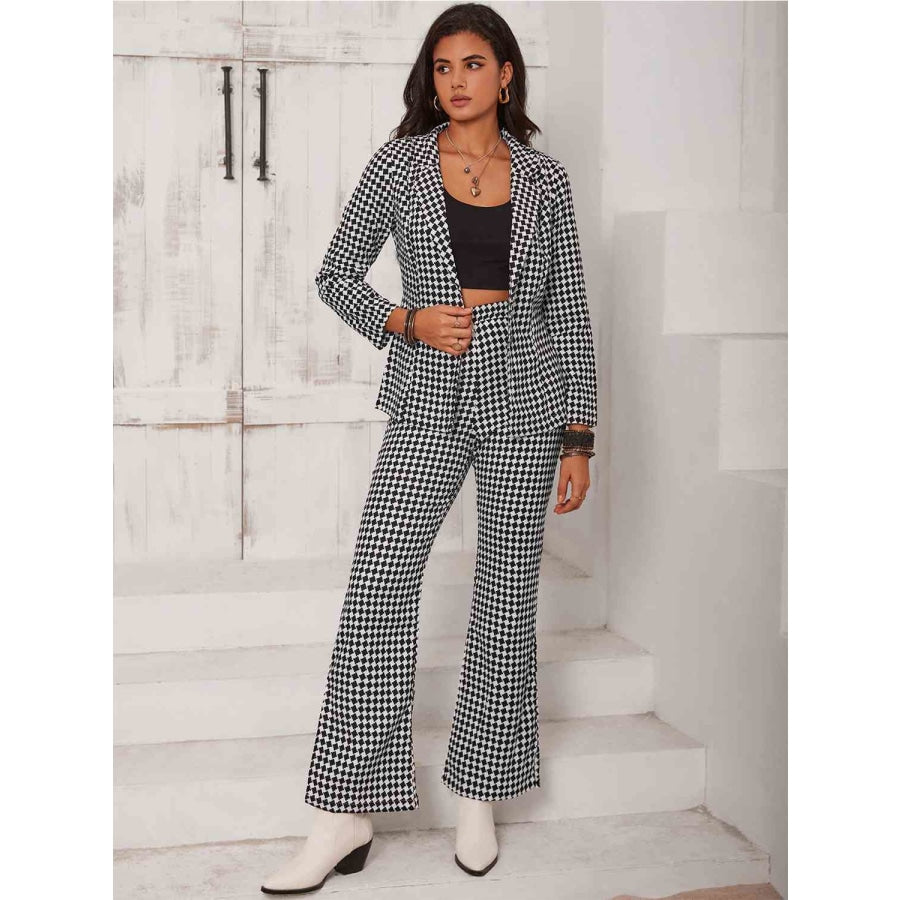 Checkered Blazer &amp; Slit Pants Set