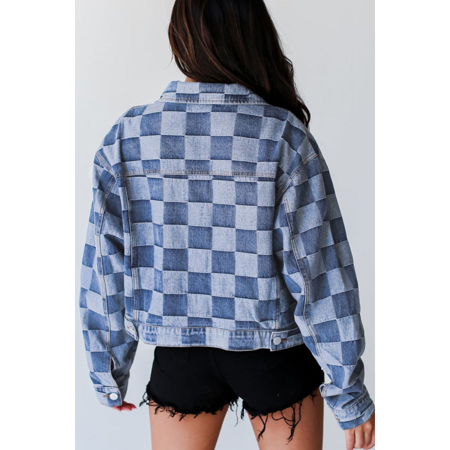 Checkered Button Up Denim Jacket Apparel and Accessories