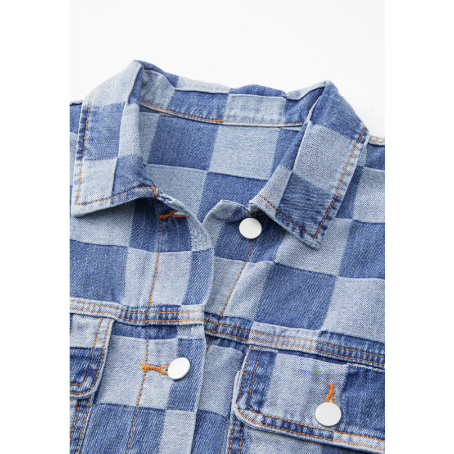 Checkered Button Up Denim Jacket Apparel and Accessories