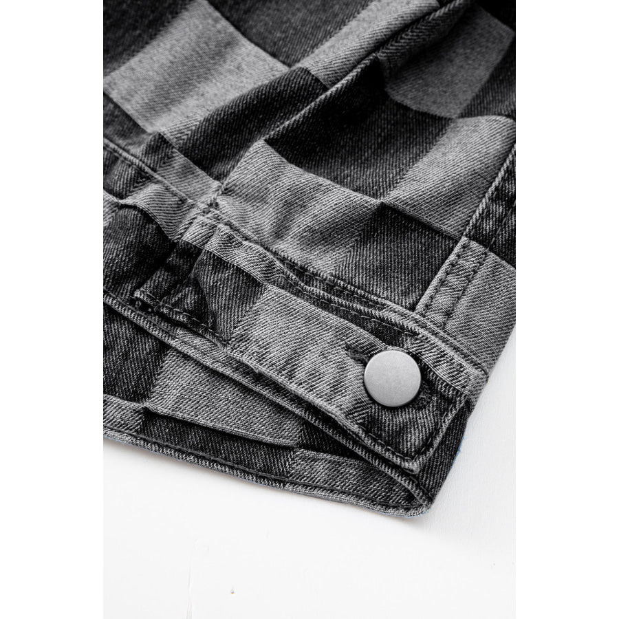 Checkered Button Up Denim Jacket Apparel and Accessories