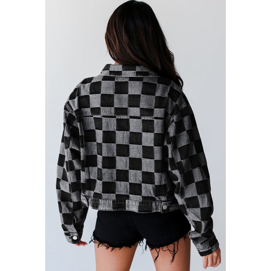 Checkered Button Up Denim Jacket Apparel and Accessories