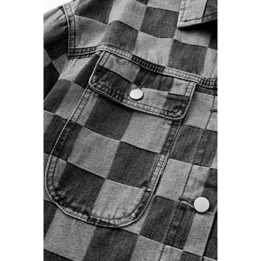 Checkered Button Up Denim Jacket Apparel and Accessories