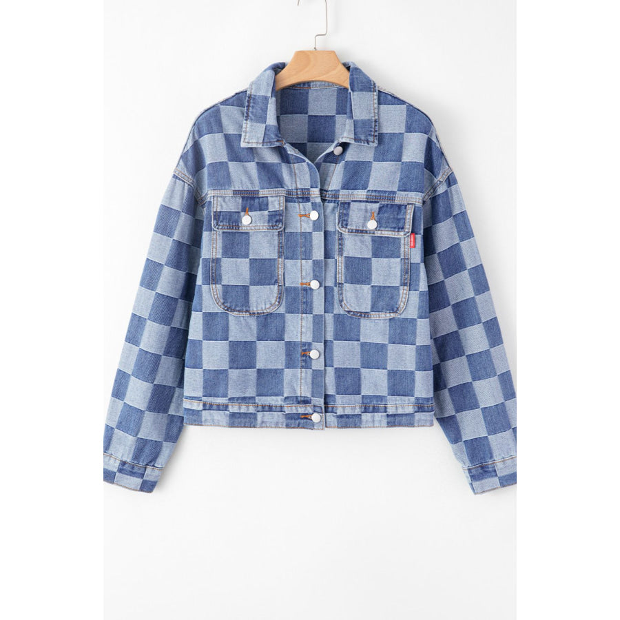 Checkered Button Up Denim Jacket Apparel and Accessories