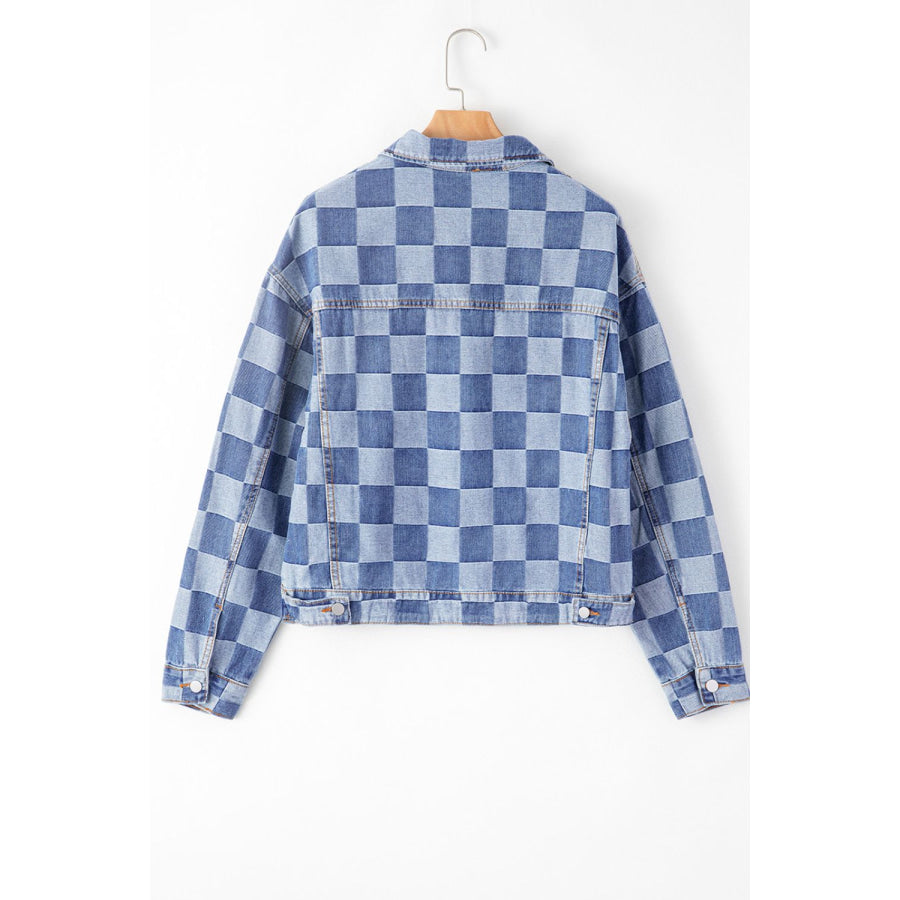 Checkered Button Up Denim Jacket Apparel and Accessories