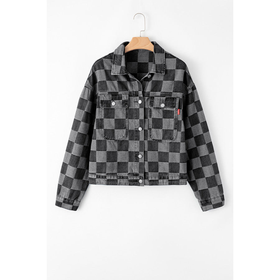 Checkered Button Up Denim Jacket Apparel and Accessories