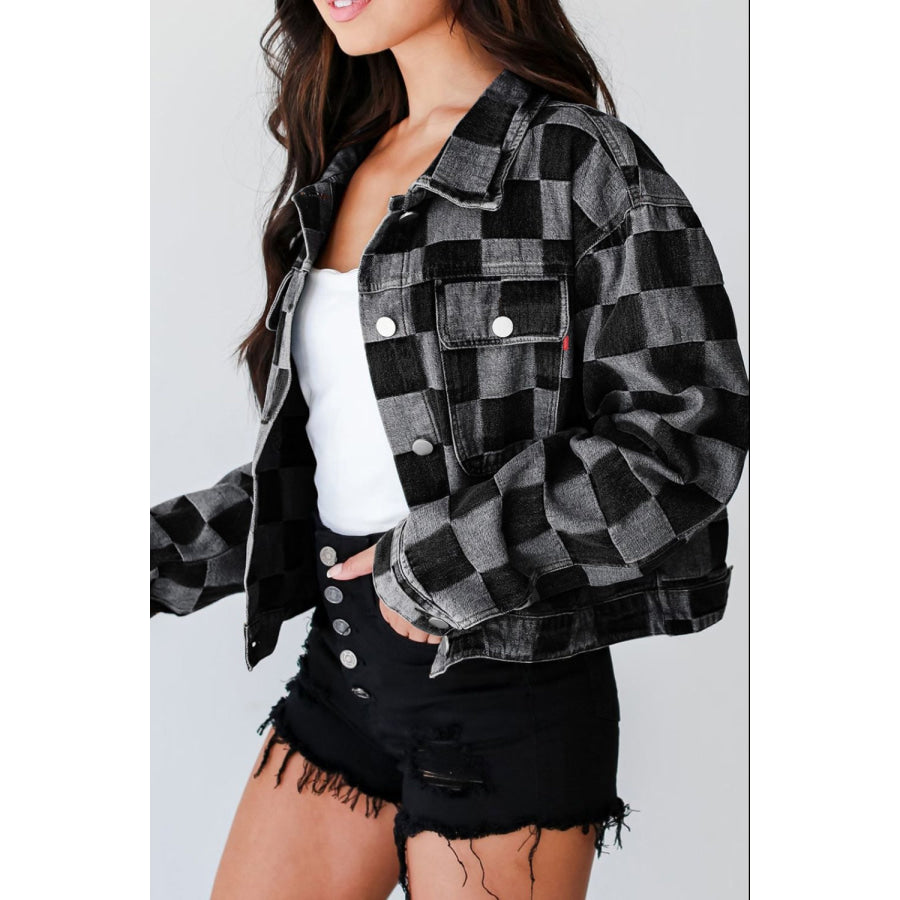 Checkered Button Up Denim Jacket Apparel and Accessories