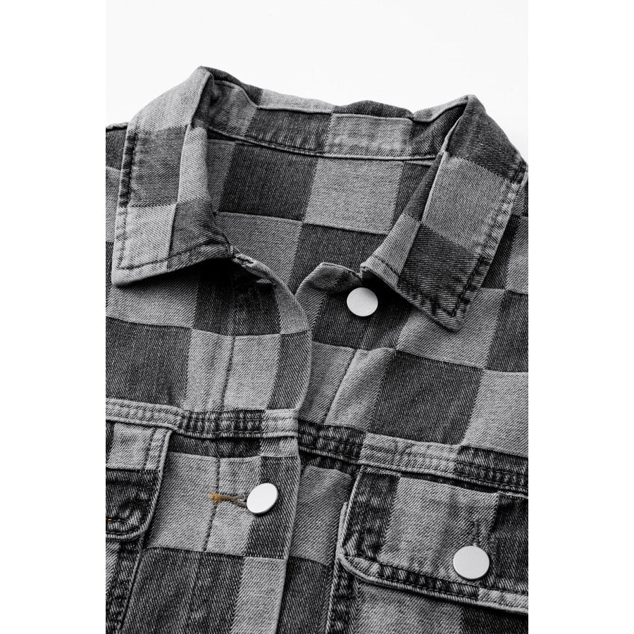 Checkered Button Up Denim Jacket Apparel and Accessories