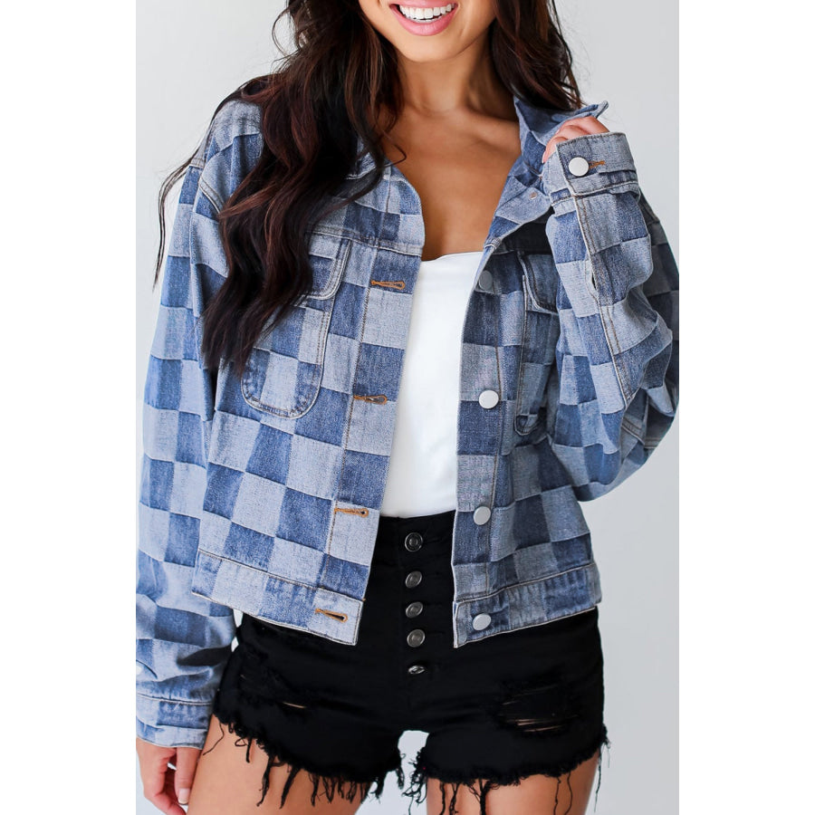 Checkered Button Up Denim Jacket Apparel and Accessories