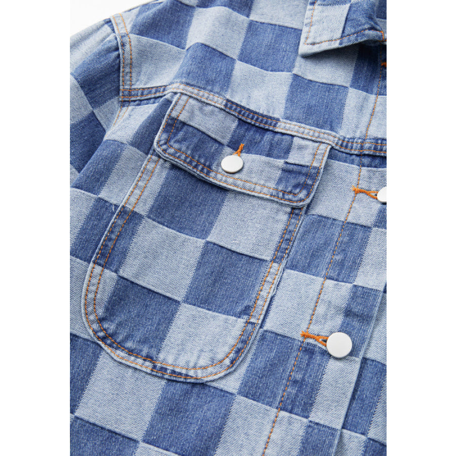 Checkered Button Up Denim Jacket Apparel and Accessories