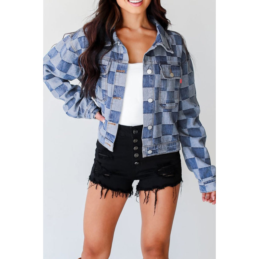 Checkered Button Up Denim Jacket Apparel and Accessories