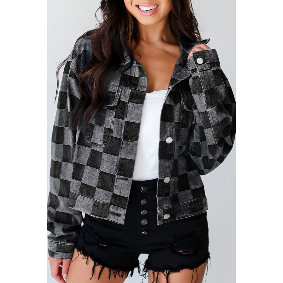 Checkered Button Up Denim Jacket Black / S Apparel and Accessories