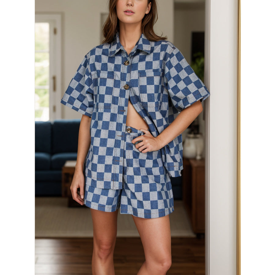 Checkered Button Up Half Sleeve Top and Shorts Set Apparel and Accessories