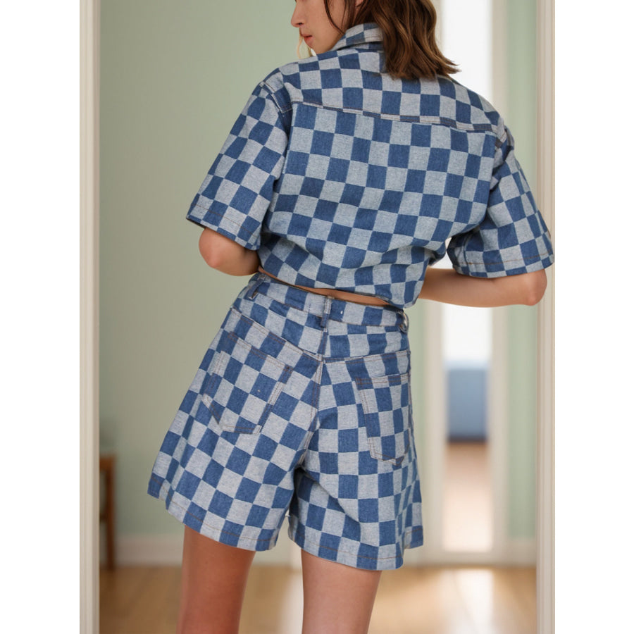 Checkered Button Up Half Sleeve Top and Shorts Set Apparel and Accessories