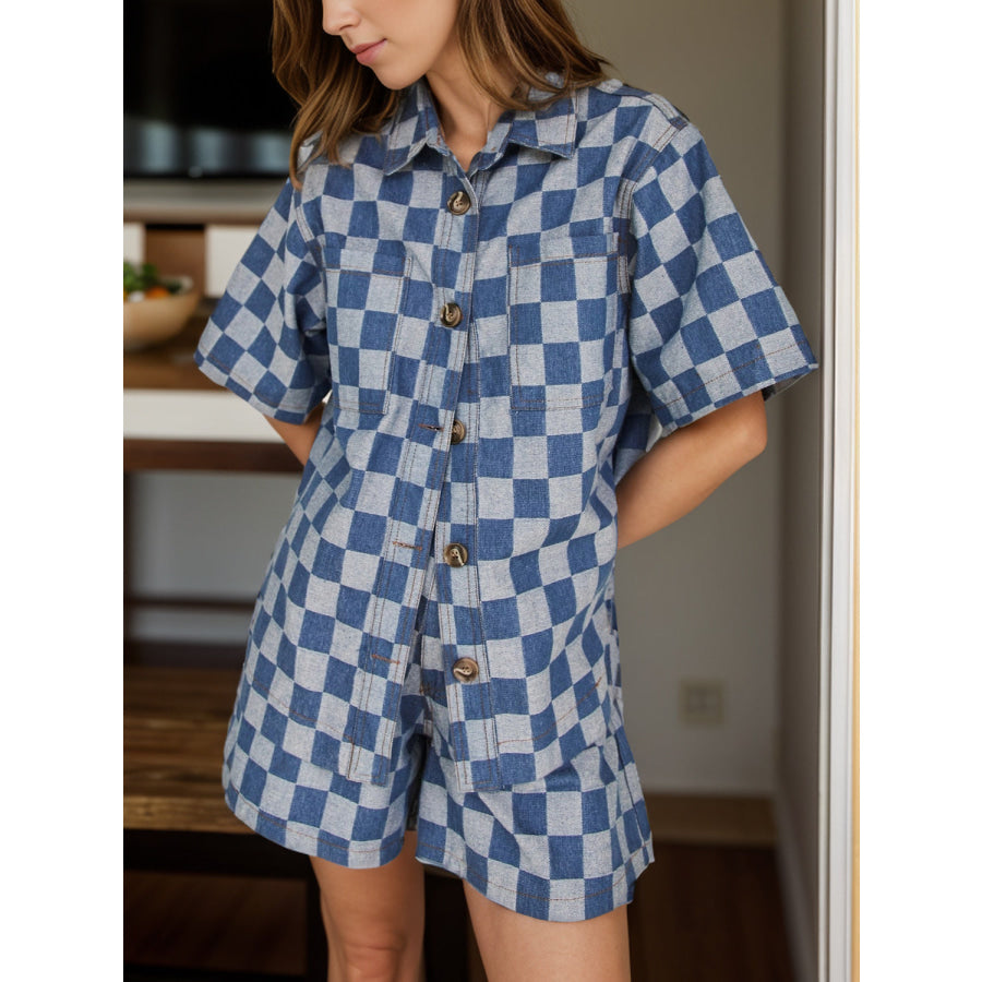 Checkered Button Up Half Sleeve Top and Shorts Set Dusty Blue / S Apparel and Accessories