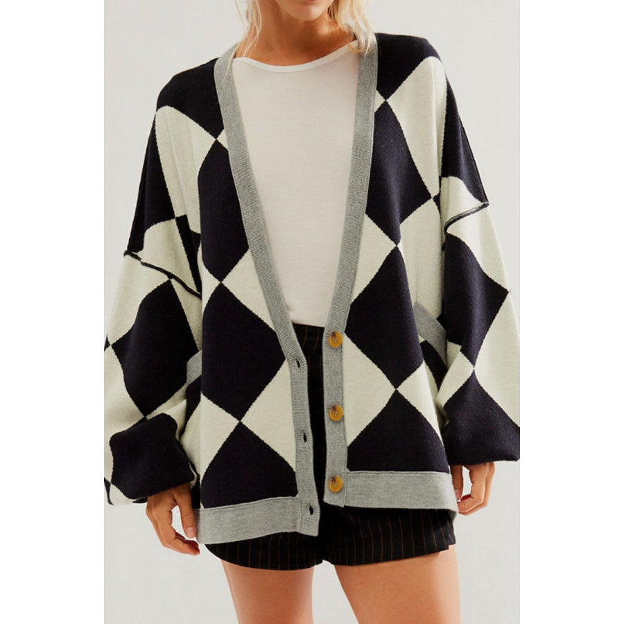 Checkered Button Up Long Sleeve Cardigan Dark Gray / S Apparel and Accessories