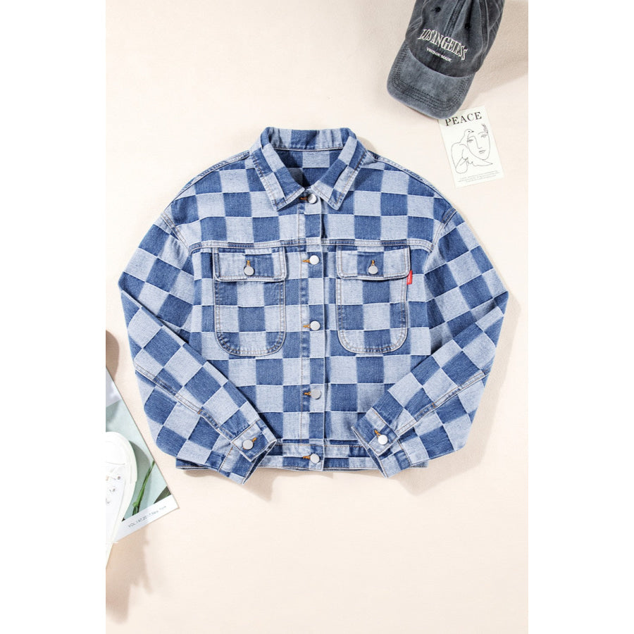 Checkered Button Up Long Sleeve Denim Jacket Apparel and Accessories