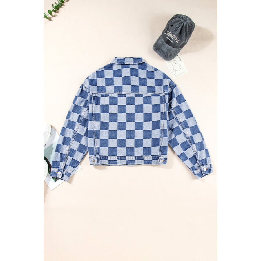 Checkered Button Up Long Sleeve Denim Jacket Apparel and Accessories