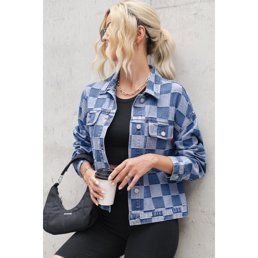 Checkered Button Up Long Sleeve Denim Jacket Apparel and Accessories