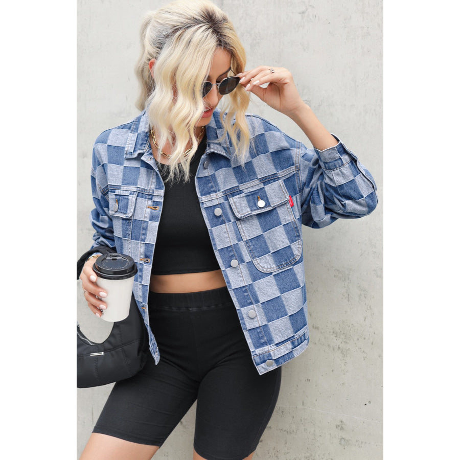 Checkered Button Up Long Sleeve Denim Jacket Apparel and Accessories