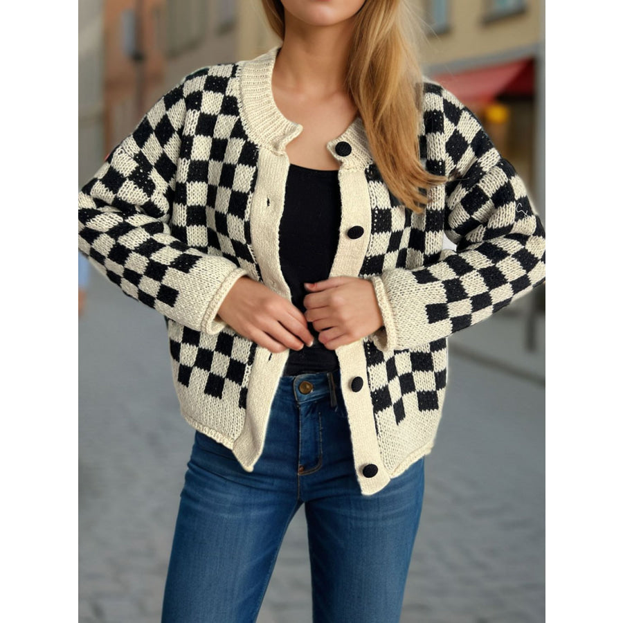 Checkered Button Up Round Neck Cardigan Apparel and Accessories