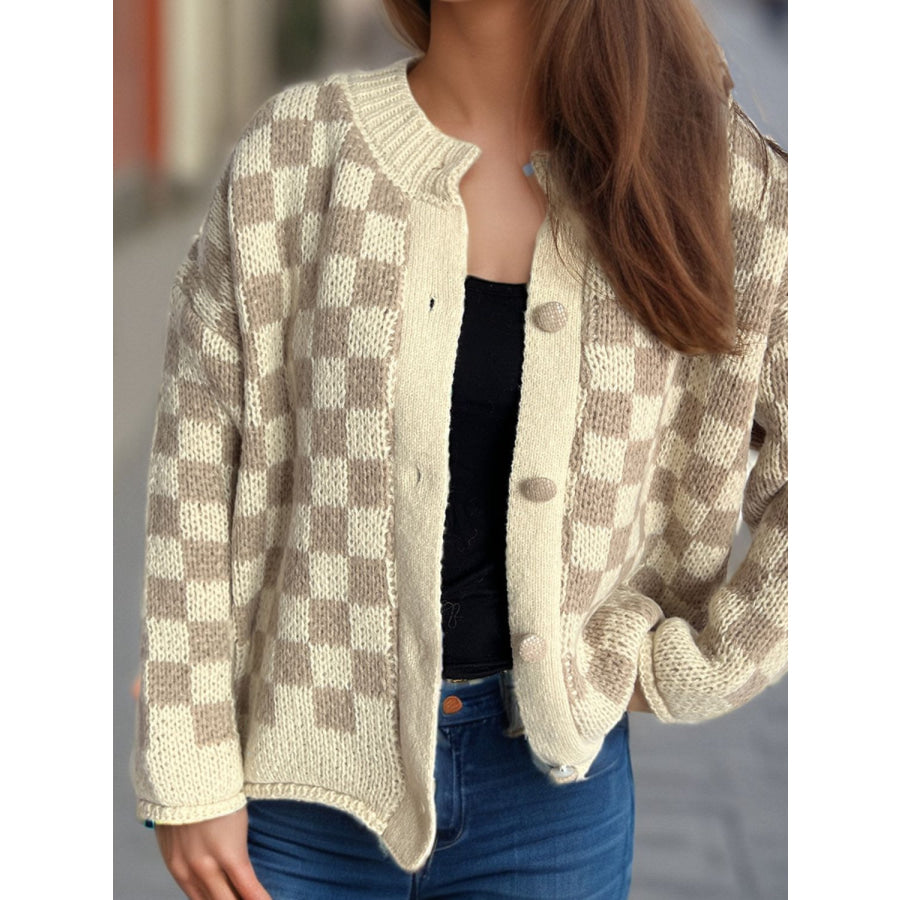 Checkered Button Up Round Neck Cardigan Apparel and Accessories