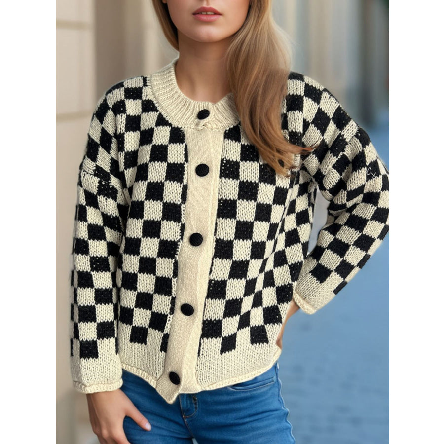 Checkered Button Up Round Neck Cardigan Apparel and Accessories