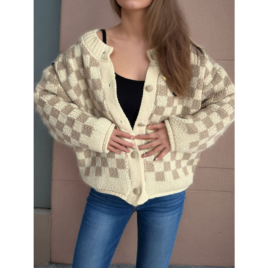 Checkered Button Up Round Neck Cardigan Apparel and Accessories