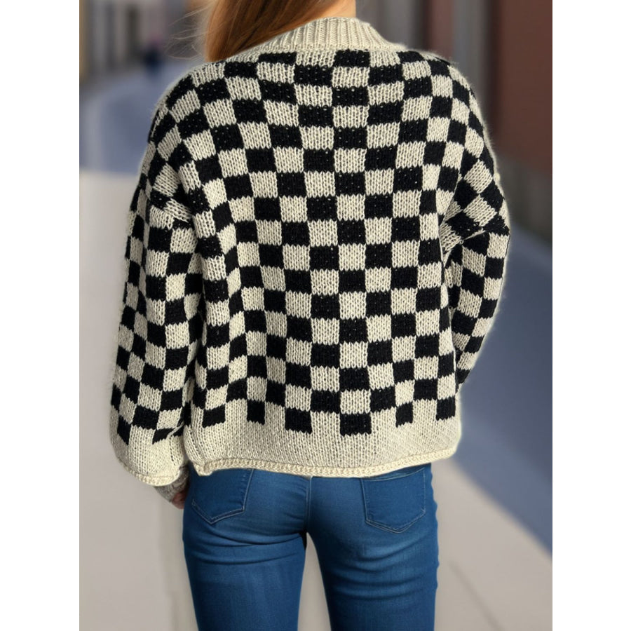 Checkered Button Up Round Neck Cardigan Apparel and Accessories