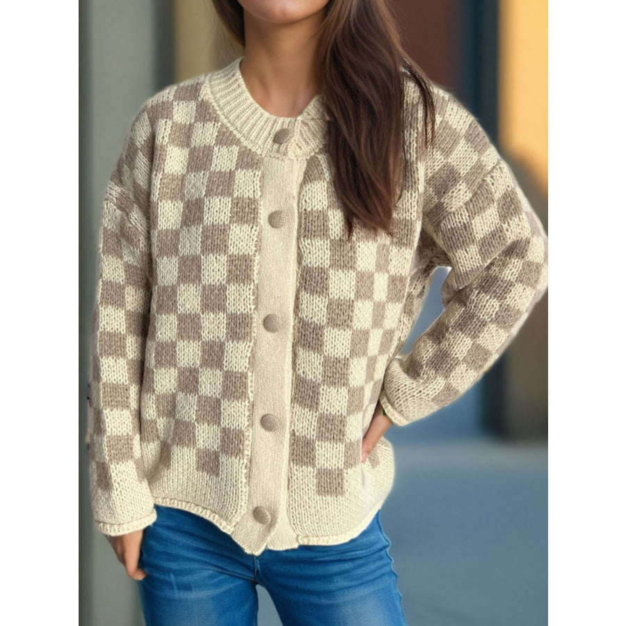 Checkered Button Up Round Neck Cardigan Apparel and Accessories