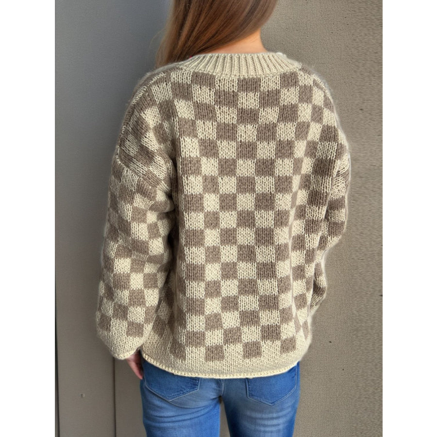 Checkered Button Up Round Neck Cardigan Apparel and Accessories