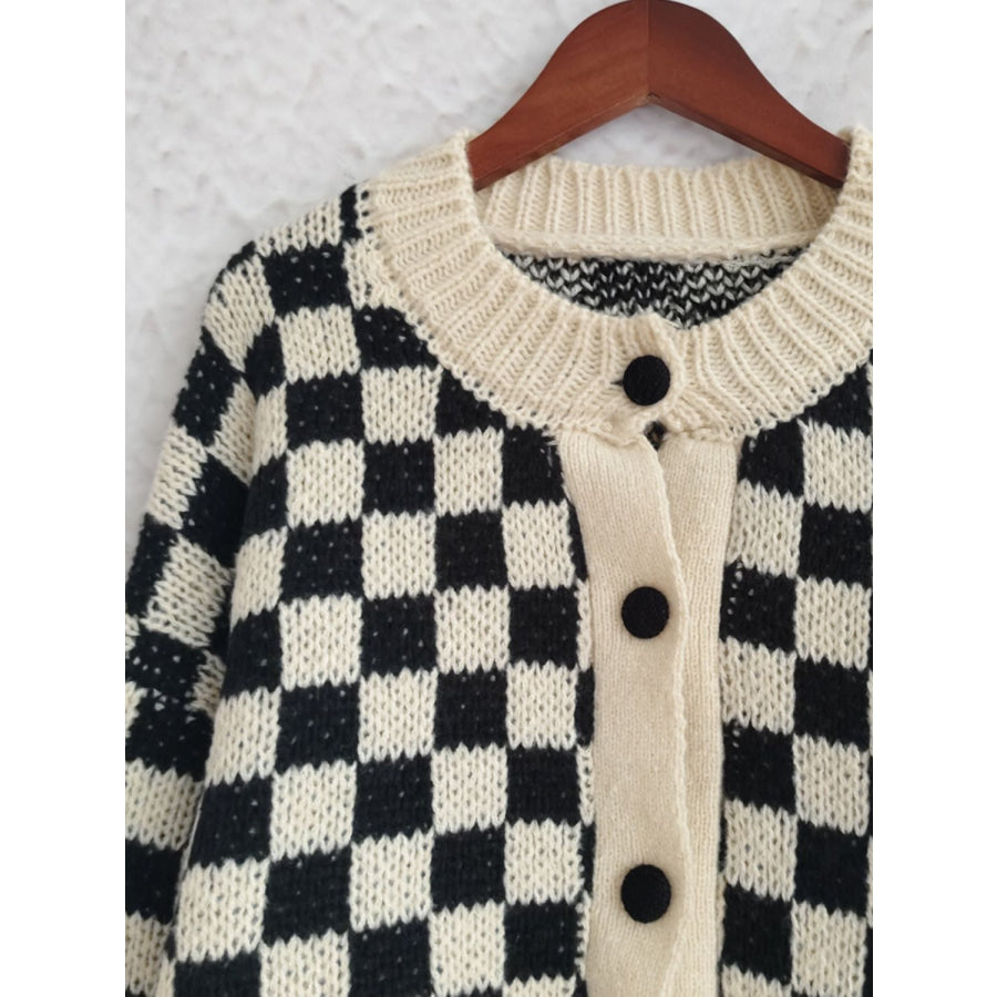 Checkered Button Up Round Neck Cardigan Apparel and Accessories