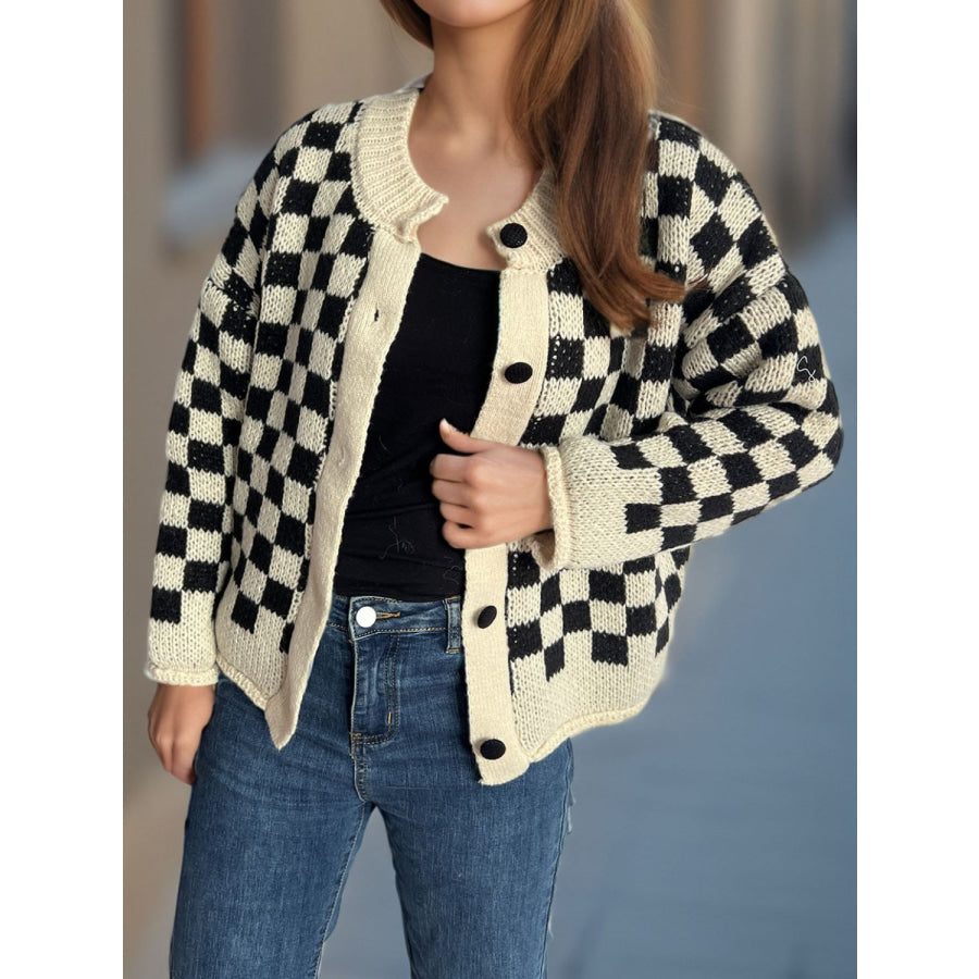 Checkered Button Up Round Neck Cardigan Black / One Size Apparel and Accessories