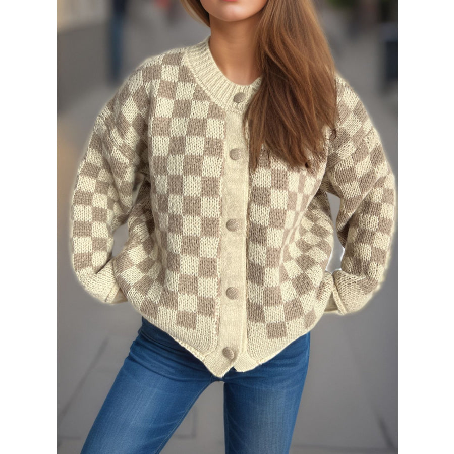 Checkered Button Up Round Neck Cardigan Taupe / One Size Apparel and Accessories