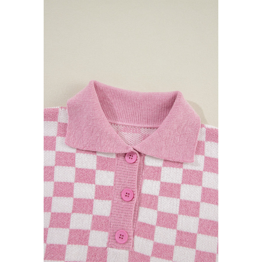 Checkered Collared Neck Dropped Shoulder Sweater Apparel and Accessories