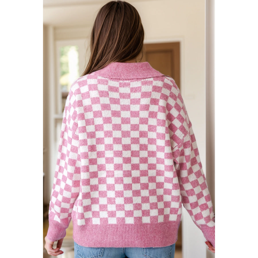 Checkered Collared Neck Dropped Shoulder Sweater Apparel and Accessories