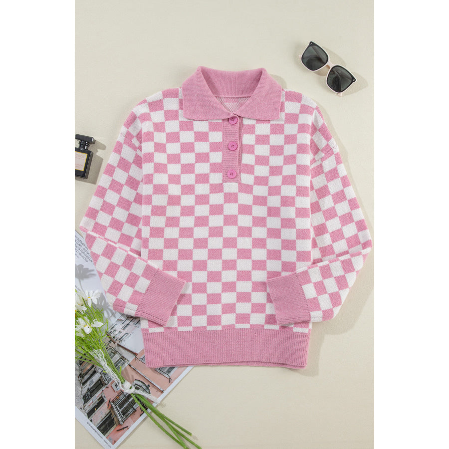 Checkered Collared Neck Dropped Shoulder Sweater Apparel and Accessories