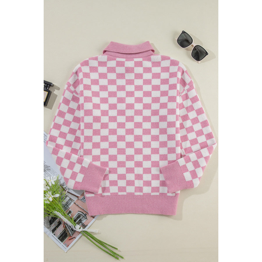 Checkered Collared Neck Dropped Shoulder Sweater Apparel and Accessories