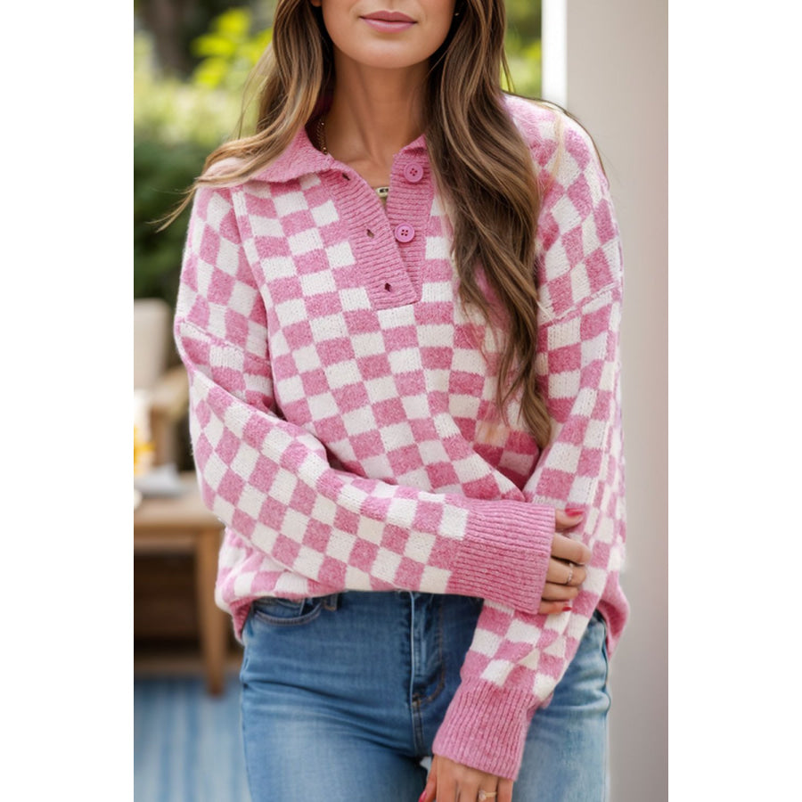 Checkered Collared Neck Dropped Shoulder Sweater Blush Pink / S Apparel and Accessories